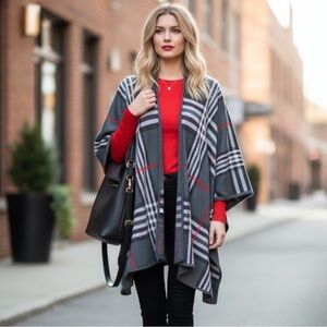 Ellie & Kate Plaid Ruana Shawl Wrap One Size Open Front Poncho Gray Red Cozy